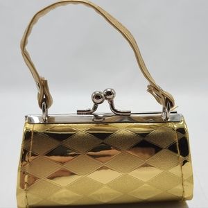 Retro Gold Colored Kiss Clasp Mini Purse Coin Bag with Geometric Shapes